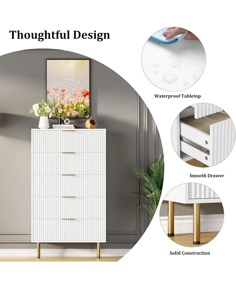 gaomon Fluted 5 Drawer Dresser with Wide Drawers, Modern Wooden Storage Chest for Living Room, Entryway