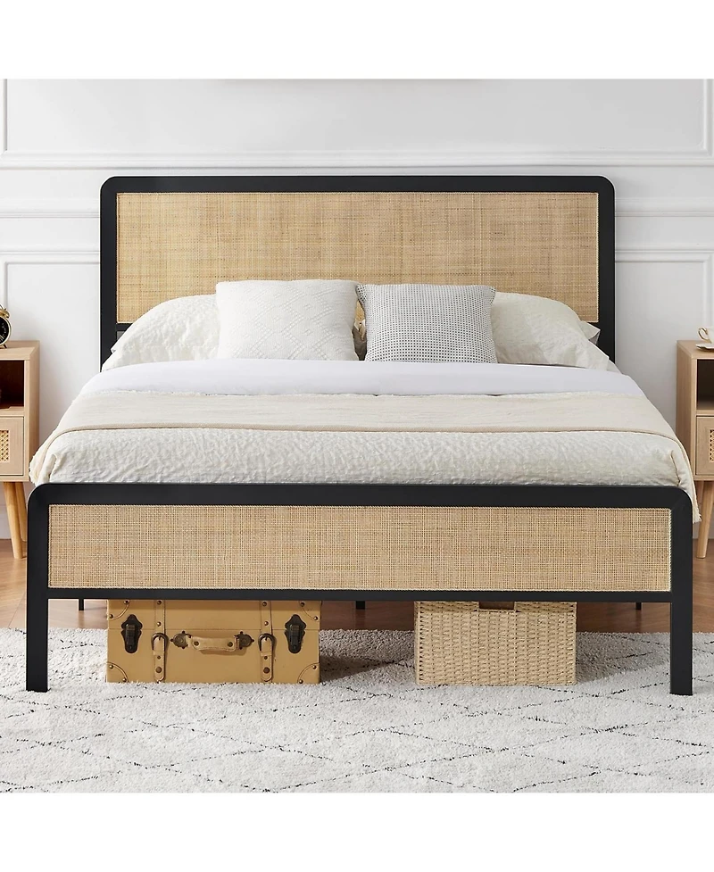 gaomon Rattan Queen Bed Frame with Cane Headboard, Boho Platform, Slat Support, No Box Spring, Easy Assembly