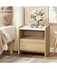 LuxenHome Hazel Oak Nightstand & End Table with Storage, Raised Sides, Faux Marble Top, Durable Manufactured Wood