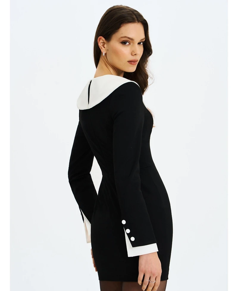 Miss Circle Women's Heather Black Collared Decorative Button-Front Mini Dress