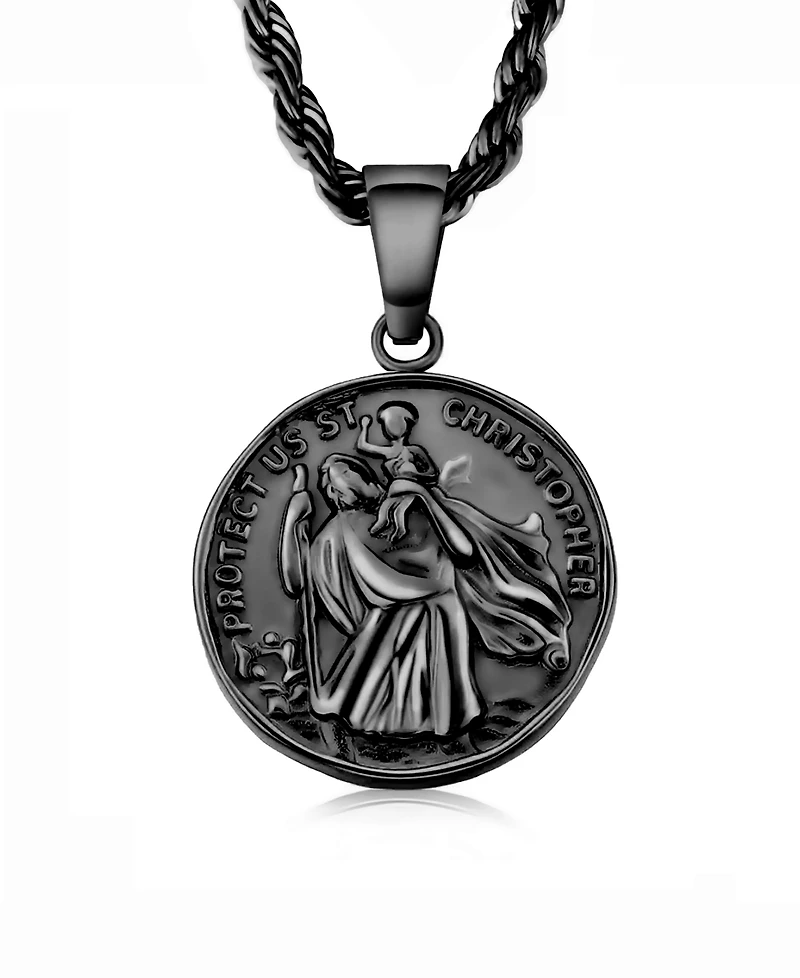 Rhona Sutton Men's Stainless Steel Black Plated St Christopher Coin Pendant