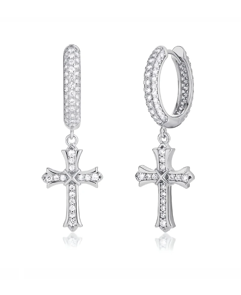 Rhona Sutton Men's Iced Cross Hoop Earrings in Sterling Silver