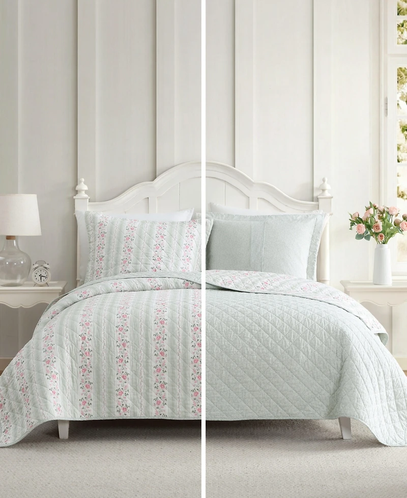 Laura Ashley Rosebud Stripe Reversible 3-Pc. Quilt Set, King