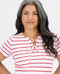 Style & Co Petite Striped Lace-Up Short-Sleeve Top, Macy's Exclusive