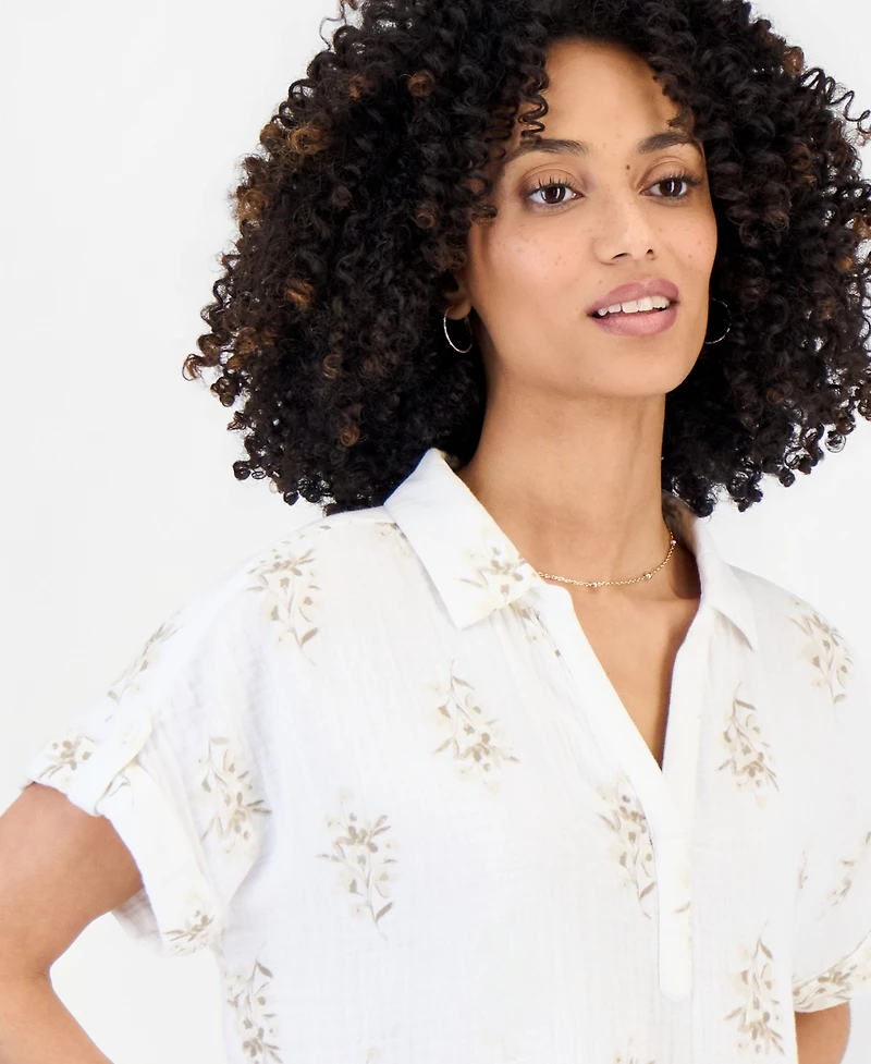Style & Co Petite Cotton Printed Collared Popover Top, Macy's Exclusive