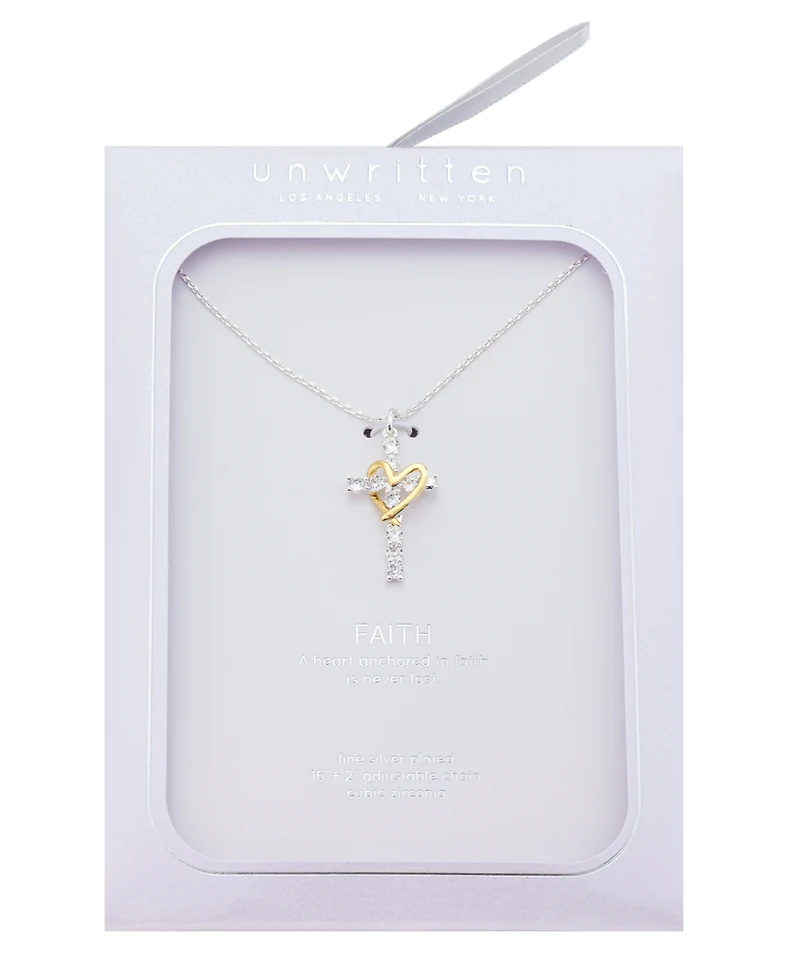 Unwritten Cubic Zirconia Cross with Open Heart Pendant Necklace