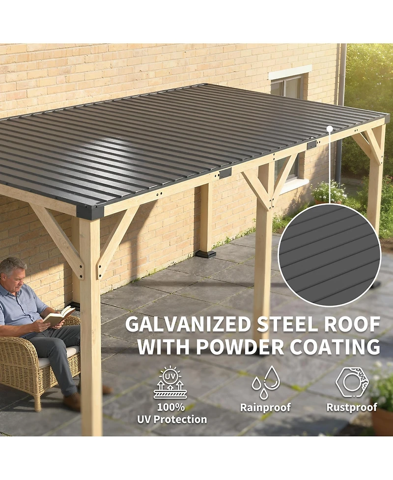 Outsunny 10'x20' Wood Gazebo, Hardtop Lean-to Gazebo Pergola, Light