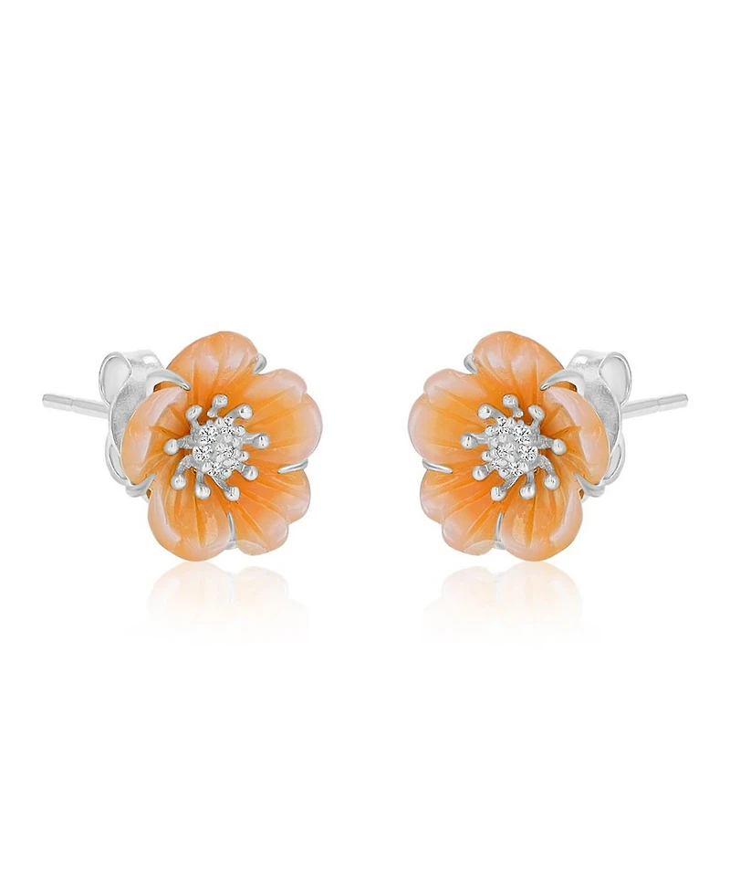 Macy's Diamond & Pink Imitation Pearl Flower Stud Earrings in Rhodium Over Sterling Silver