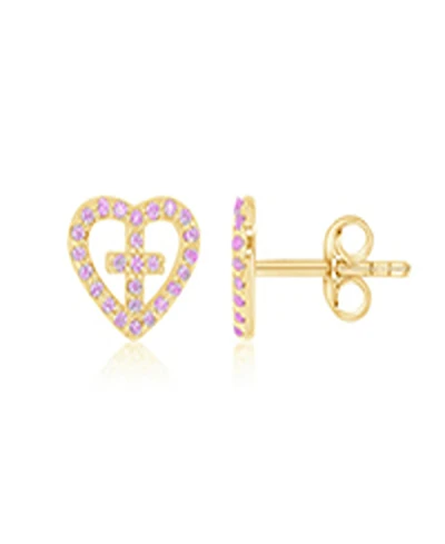 Macy's Pink Cubic Zirconia Heart and Cross Stud Earrings in 14k Yellow Gold Over Sterling Silver