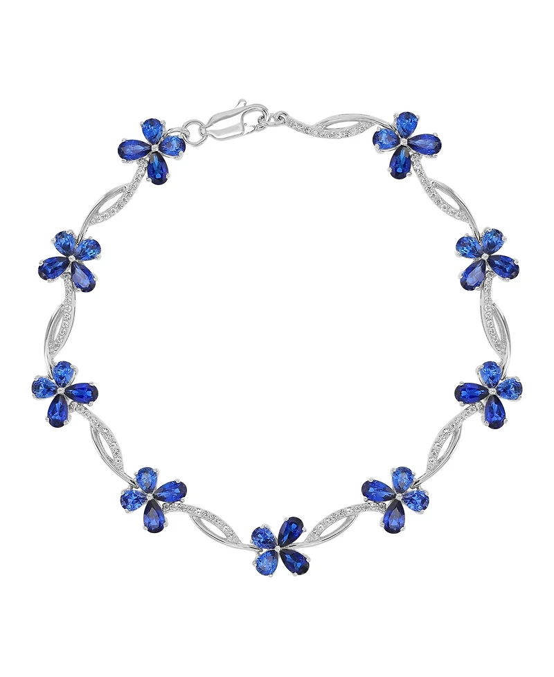 Macy's Created Blue & Ceylon Sapphire Flower Bracelet in Rhodium Over Sterling Silver