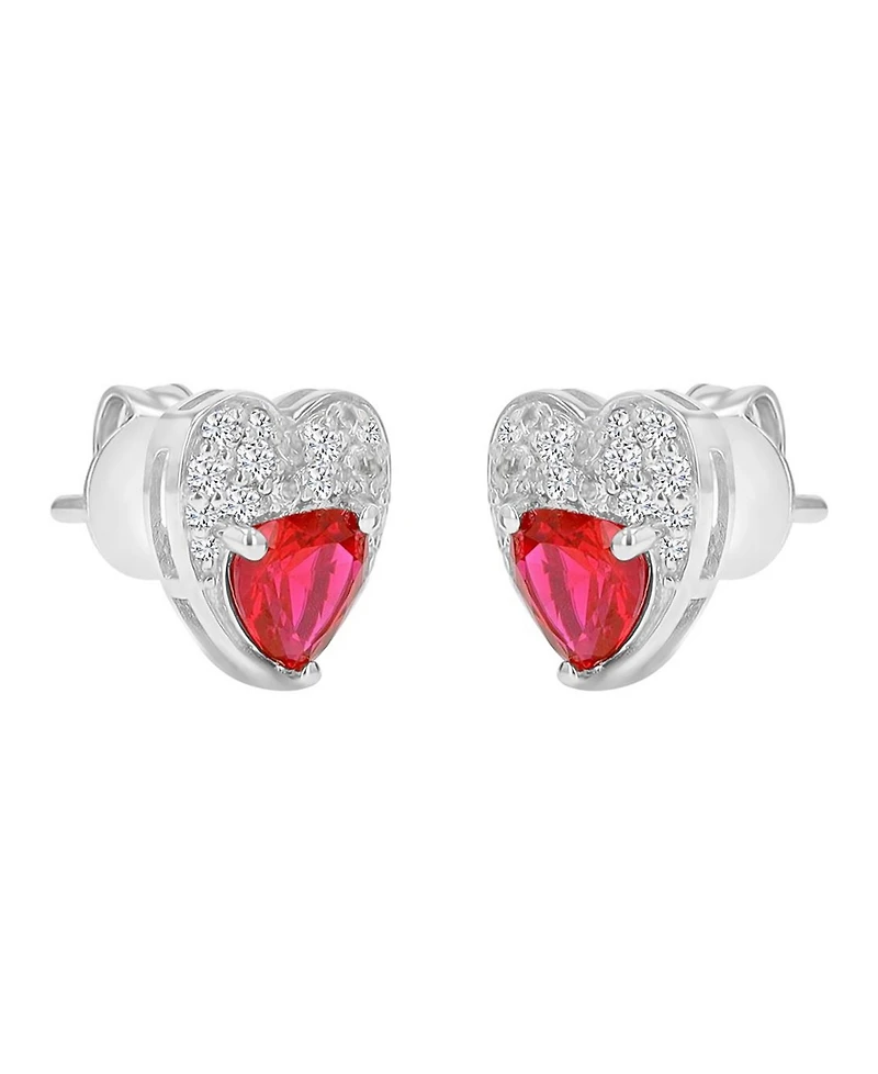 Macy's Created White Sapphire and Ruby Paved Heart Stud Earrings in Rhodium Over Sterling Silver