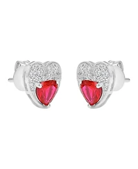 Macy's Created White Sapphire and Ruby Paved Heart Stud Earrings in Rhodium Over Sterling Silver