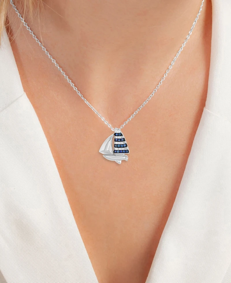 Macy's Created Blue Sapphire Ship Necklace in Rhodium Over Sterling Silver