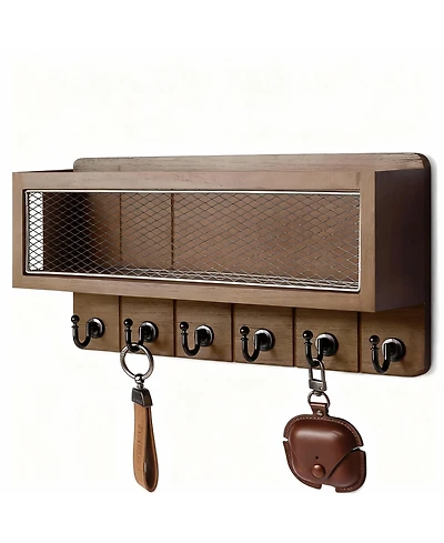 Yigii Rustic Key & Mail Holder with 6 Hooks - Sturdy Wood Steel, Space-Saving, Easy Install