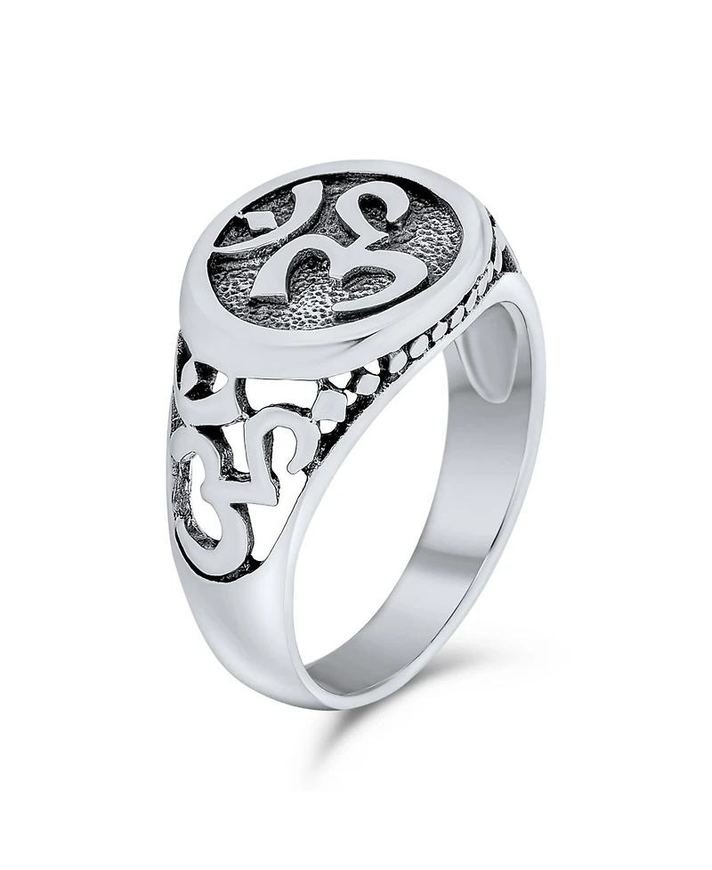 Bling Jewelry Inspirational Om Signet Ring With Devanagari Script Oxidized .925 Sterling Silver