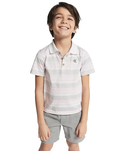 Calvin Klein Boys' Toddler 2T-4T Striped Polo Shirt and Twill Shorts, 2-Piece Set