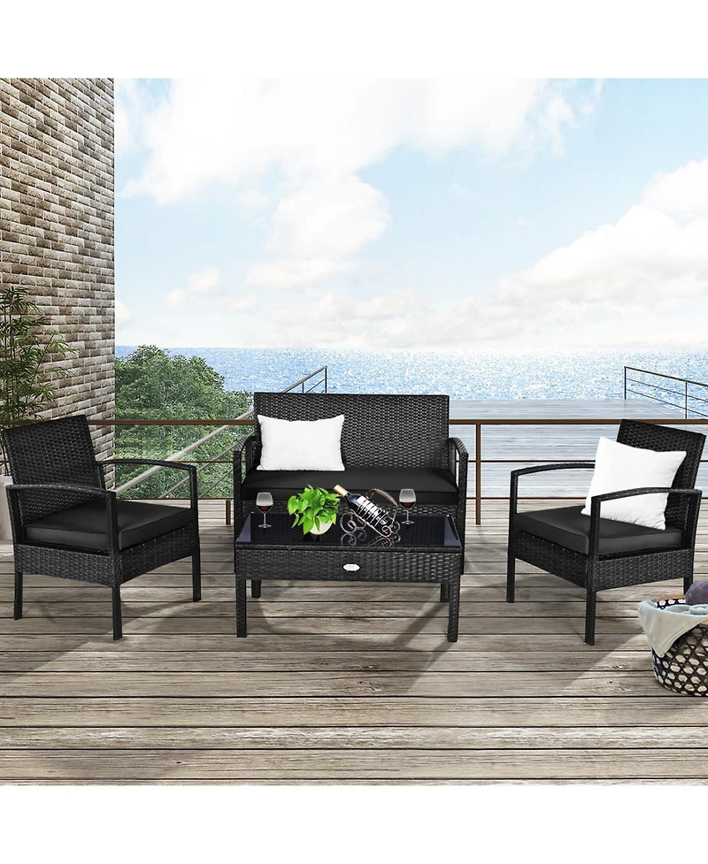 Gymax Set Of 4 Outdoor Patio Rattan Furniture Set Cushioned Sofa Coffee Table Garden Deck