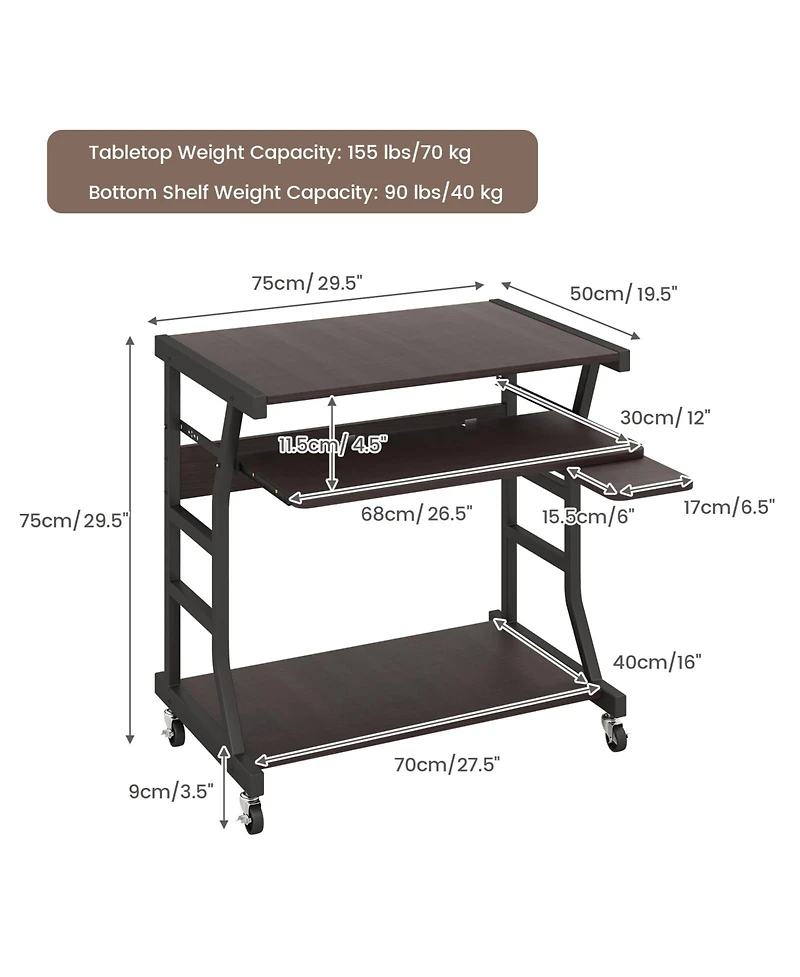 Mecale Mobile Computer Desk with Keyboard Tray, Mouse Tray, and Storage Shelf