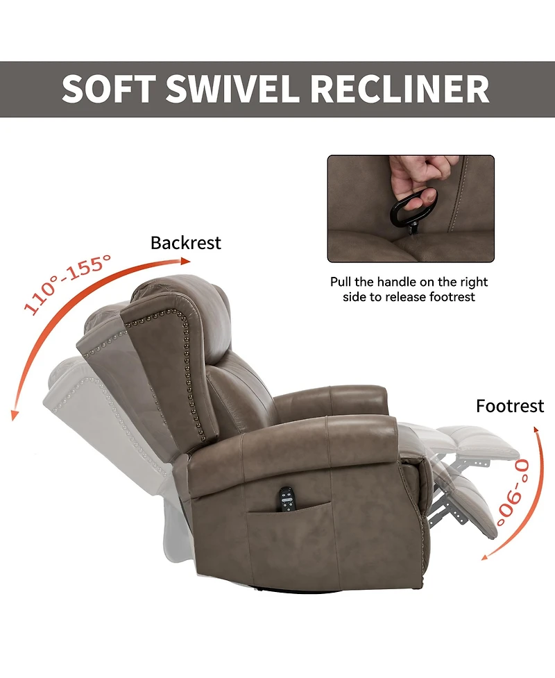 Clihome Heat Massage Manual Recliner Chair with Rocker and Swivel Genuine Leather for Living Room