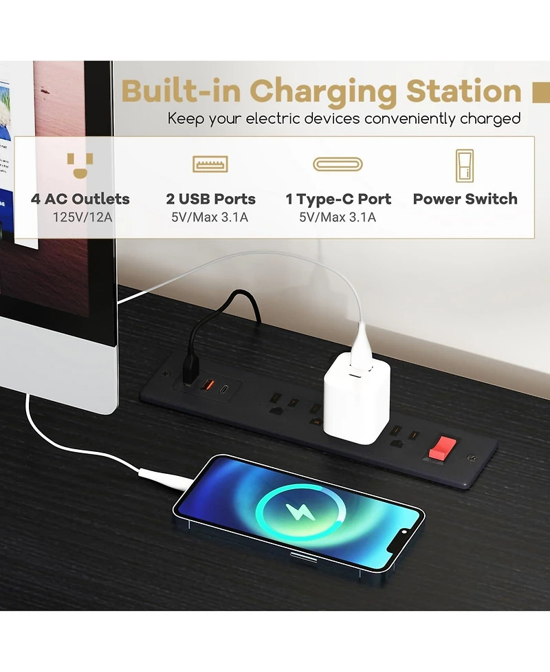 Mecale Computer Desk with Led Lights and Power Outlets, Open Shelves Home Office Desk