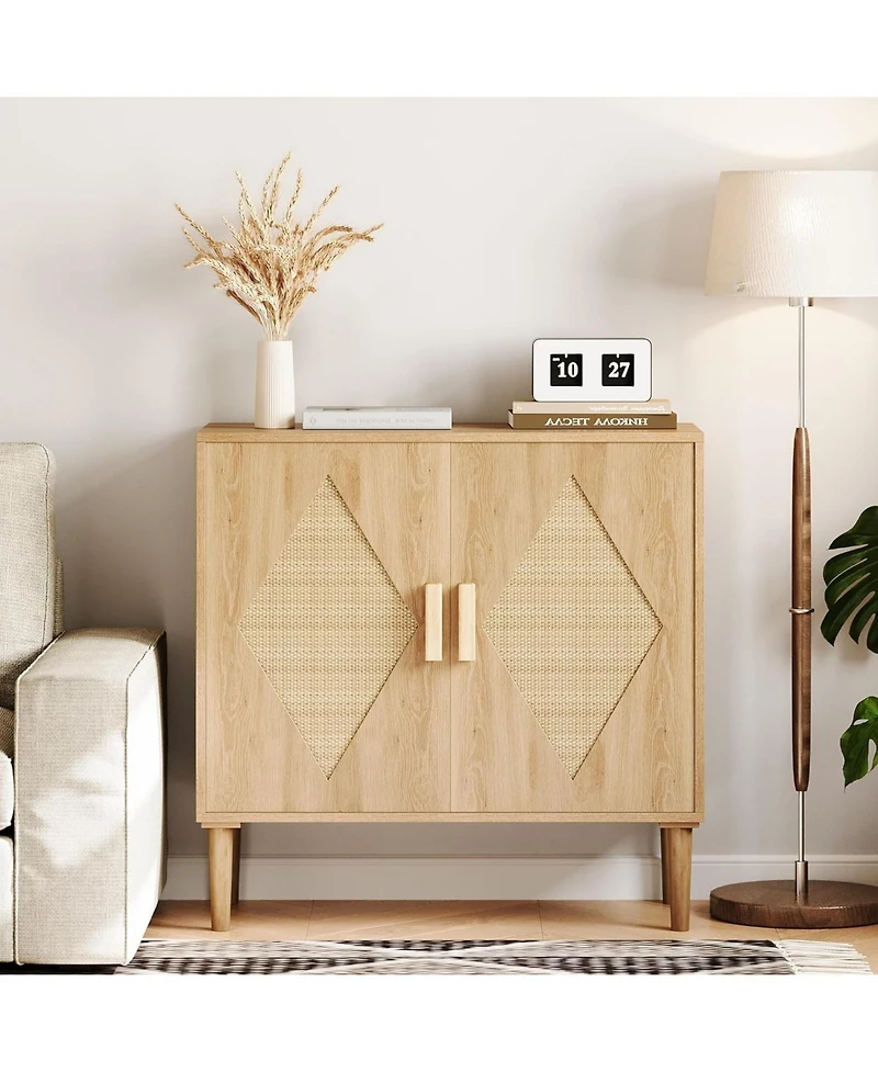gaomon 2-Door Rattan Accent Storage Cabinet, Wood Sideboard for Living Room, Dining Room & Entryway