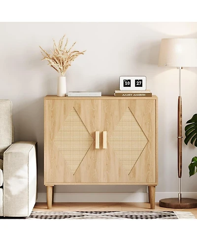 gaomon 2-Door Rattan Accent Storage Cabinet, Wood Sideboard for Living Room, Dining Room & Entryway