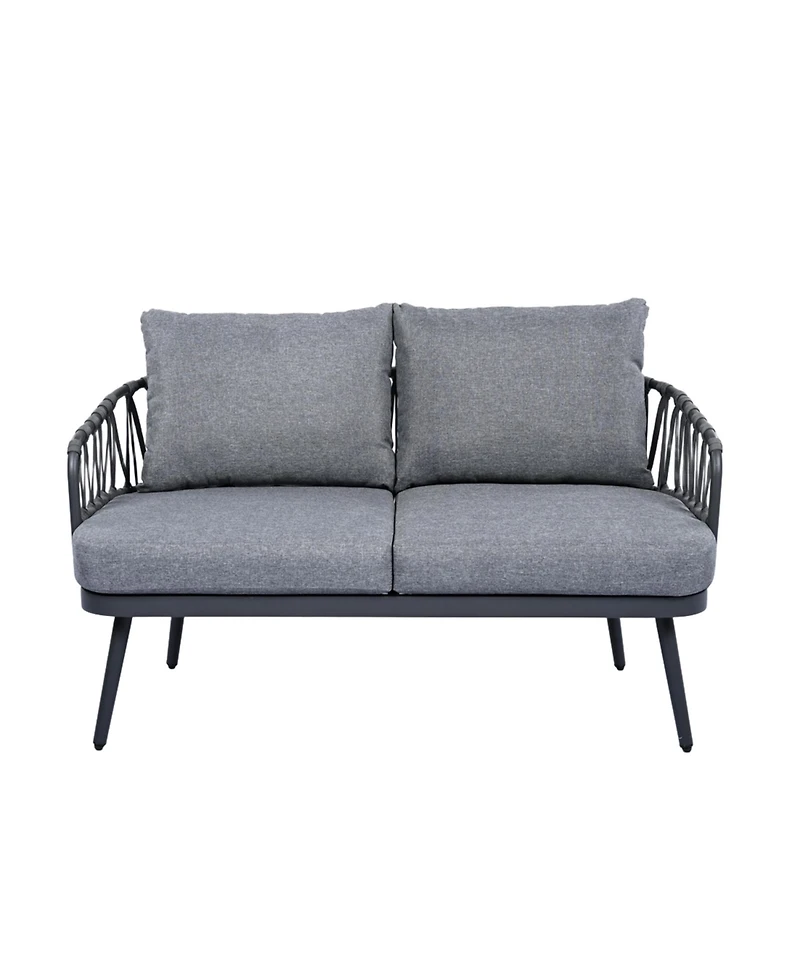 Flynama 4 Piece Outdoor Patio Conversation Set with Metal Rope Backrest Chairs Coffee Table Thick Cushions for Garden Poolside