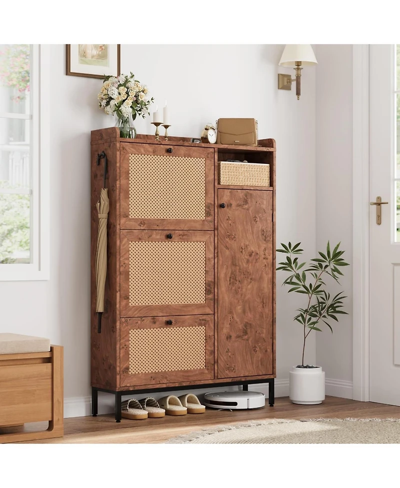 gaomon Shoe Cabinet Rattan with 3 Flip Drawers and 4-Tier Shoe Storage Cabinet
