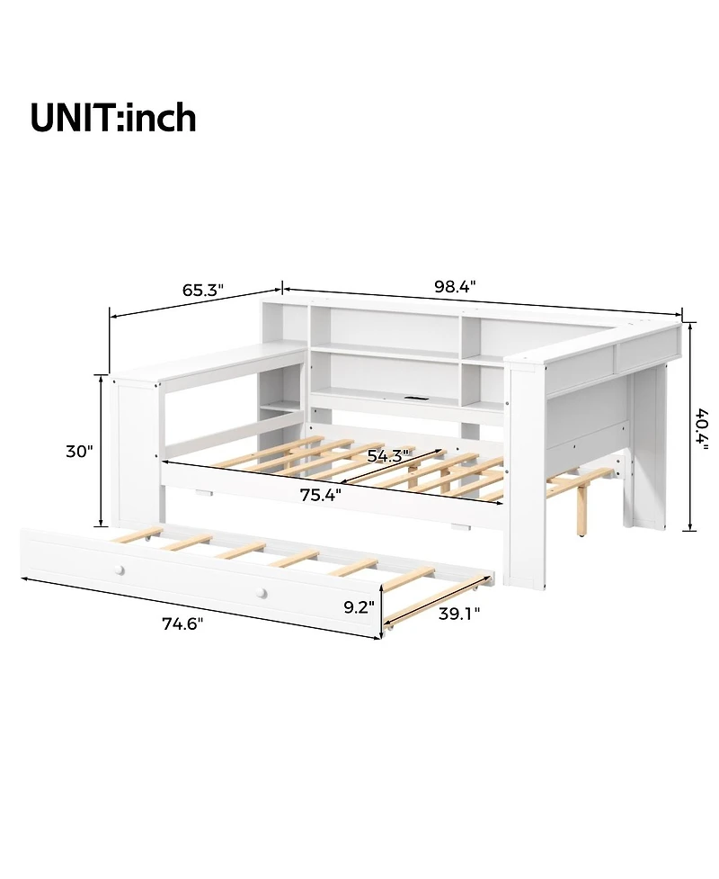 Streamdale Furniture Wood Full Platform Bed with Storage, Trundle, Charging, Led