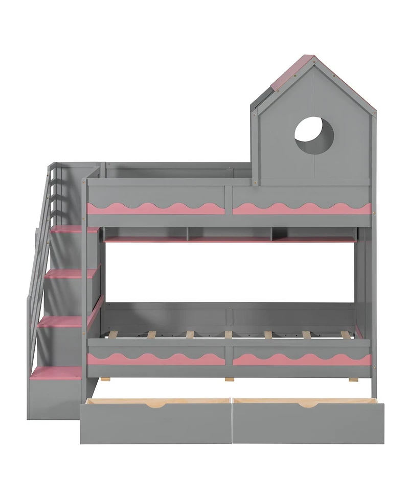 Streamdale Furniture Bed House and Drawer, Staircase, Led, Twin Over Twin