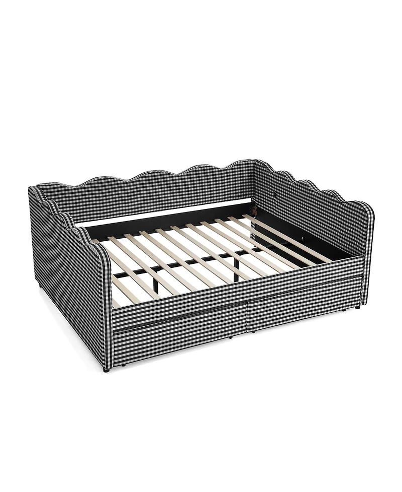 Streamdale Furniture 2 Drawers, Usb Port & Wave Shape Gingham Daybed, Queen Size