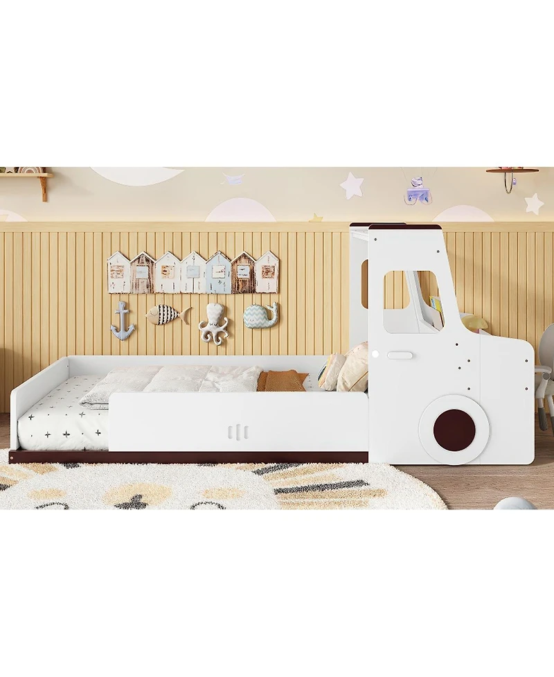 Streamdale Furniture Car-Shape Floor Bed with Storage, Window & Desk, Twin Size