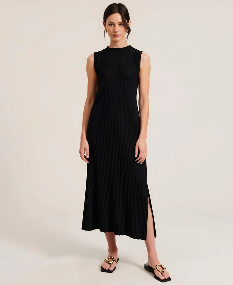 Modenaire Women's Sleeveless Ribbed Knit Crewneck Side Slit Midi Dress