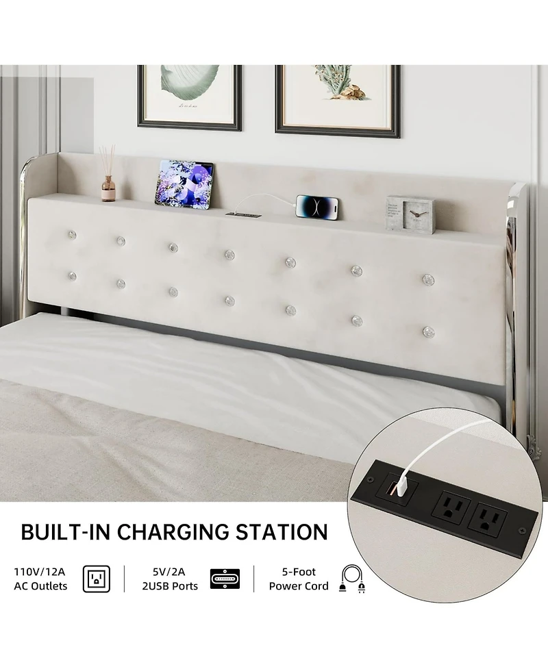 gaomon Queen Size Bed Frame, Upholstered Bed Frame with 4 Storage Drawers, Platform Bed Frame with Diamond Tufted Headboard, Wood Slat Support