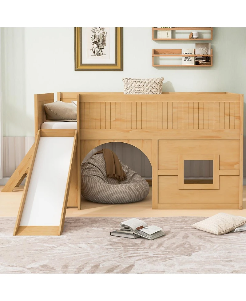 Streamdale Furniture Streamdale Full Size Wooden Low Loft Bed with Storage, Slide, Door & Window