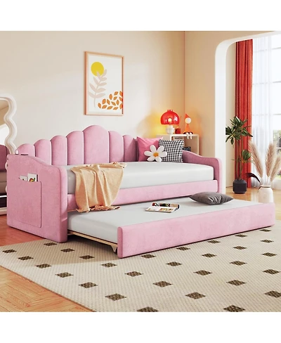 Streamdale Furniture Twin Velvet Daybed with Trundle & Usb Charging