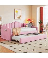 Streamdale Furniture Twin Velvet Daybed with Trundle & Usb Charging