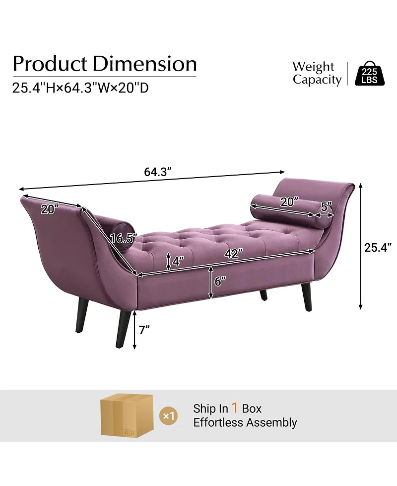 Streamdale Furniture Upholstered Velvet Tufted Ottoman Bench with Rolled Arms and 2 Pillows