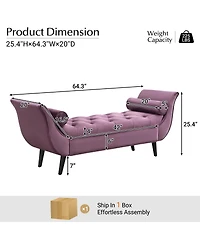 Streamdale Furniture Upholstered Velvet Tufted Ottoman Bench with Rolled Arms and 2 Pillows