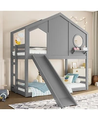 Streamdale Furniture Twin House Bunk Bed with Slide & Storage Shelves, Solid Wood Loft Bed