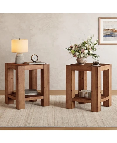 Tribesigns 19.69" Solid Wood Side Table Set of 2, Farmhouse 2-Tier End Table with Storage Shelves