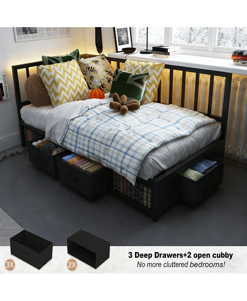 Streamdale Furniture Corner Bed Frame Twin Daybed with Storage Drawers & Led Light