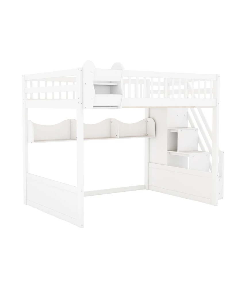 Streamdale Furniture Queen Size Wooden Loft Bed with Staircase, Wardrobe & Storage