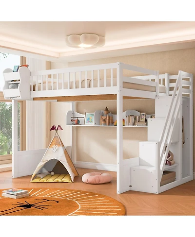 Streamdale Furniture Queen Size Wooden Loft Bed with Staircase, Wardrobe & Storage
