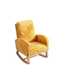 Flynama Mustard Boucle Modern Nursery Rocking Chair Mid Century Accent Armchair Side Pocket High Back Wooden Legs for Living Room Kids Bedroom