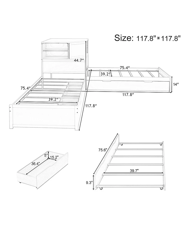 Streamdale Furniture L-Shaped Twin Bed Frame w/ Trundle, Drawer, Desk & Led