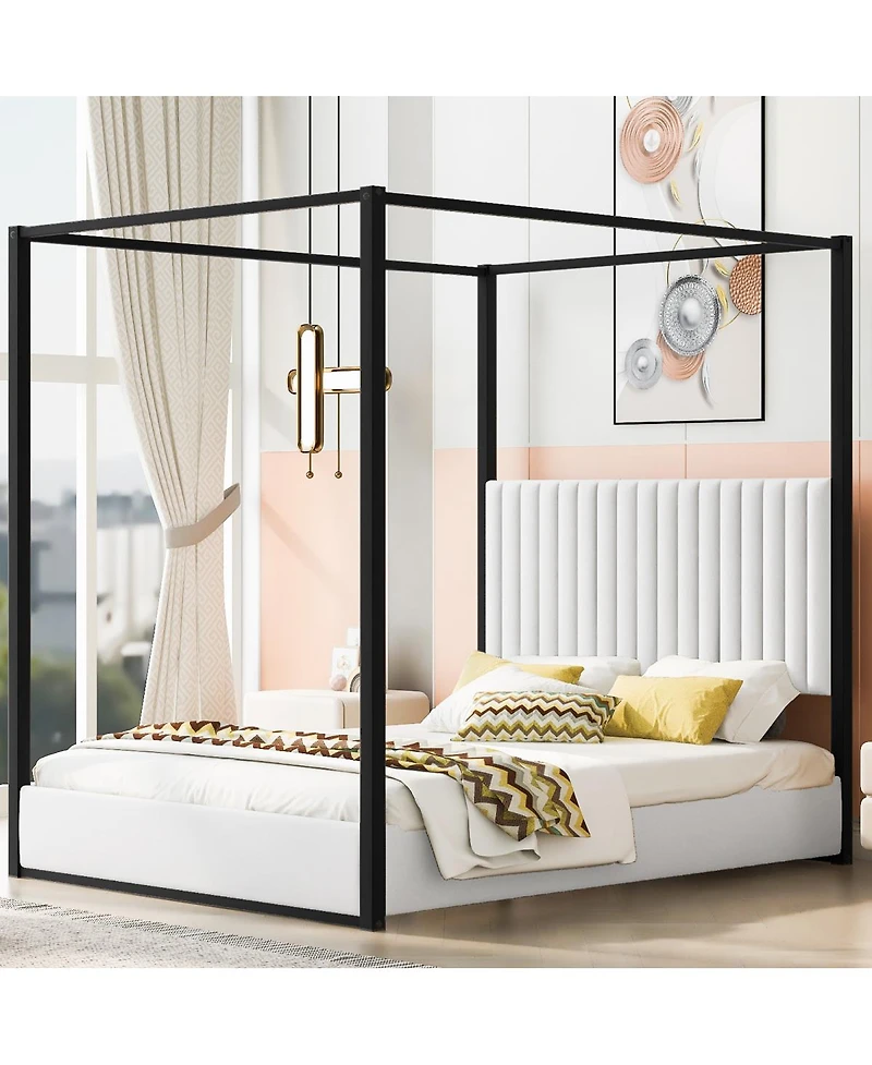 Streamdale Furniture Queen Size Upholstery Canopy Platform Bed with Headboard and Metal Frame