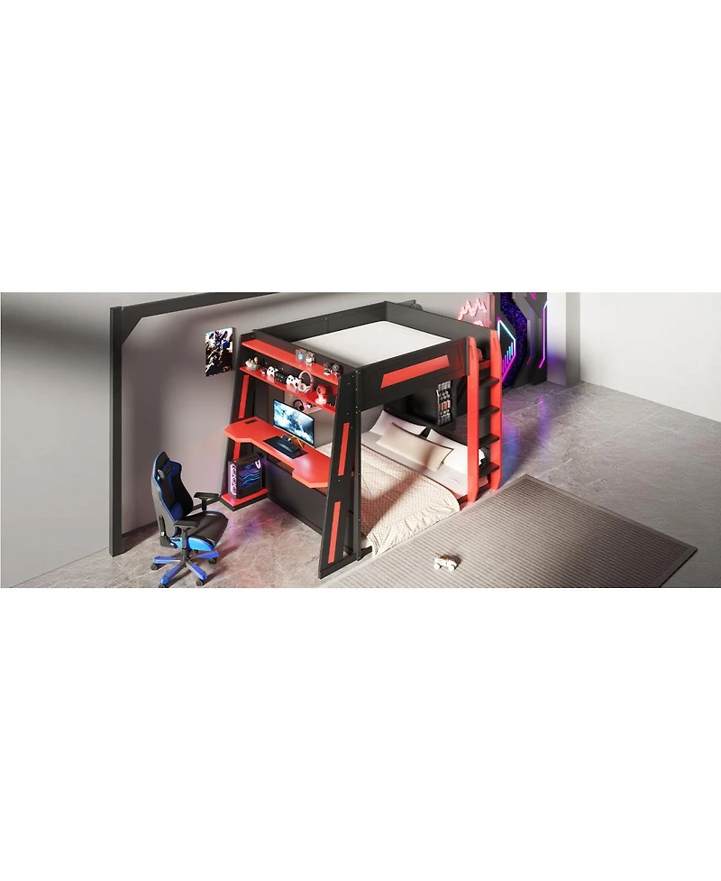 Streamdale Furniture Wooden Gaming Bunk Bed with Desk, Usb & Led Lights