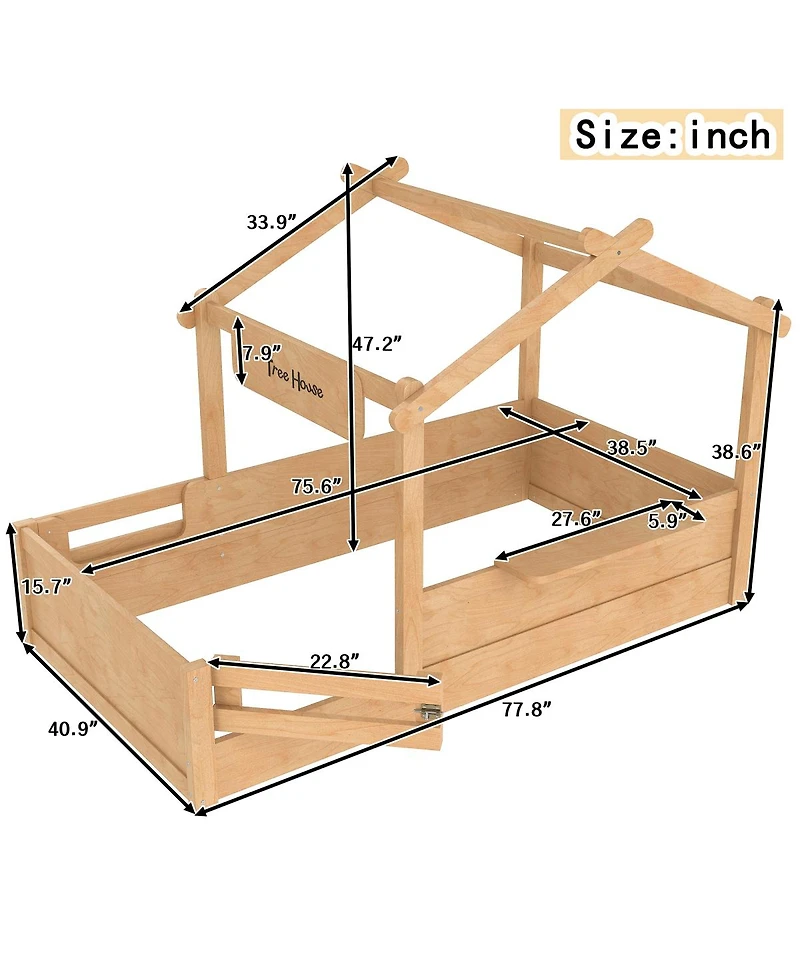 Streamdale Twin Size House Floor Bed with Guardrails, Roof, Tray & Signboard