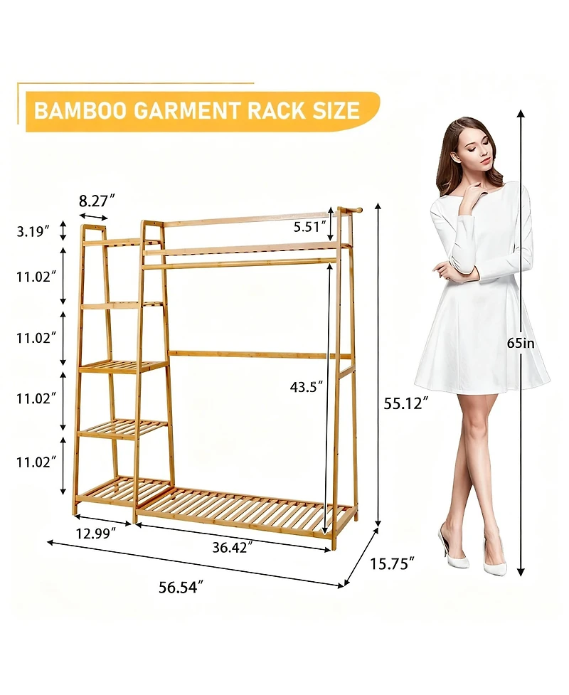 Yigii Bamboo Garment Rack with Hanging Rod and Hooks for Organized Storage